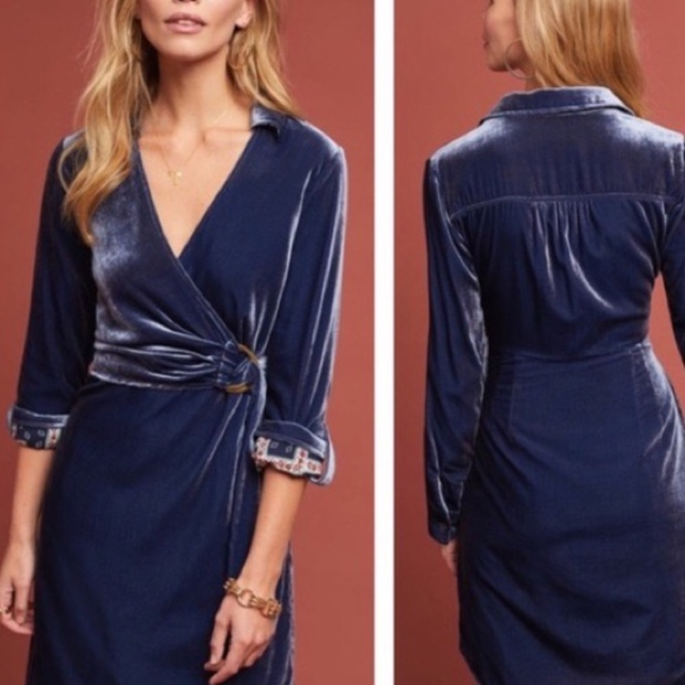 Maeve Anthropologie Blue Velvet Velour Collared Wrap Mini Dress